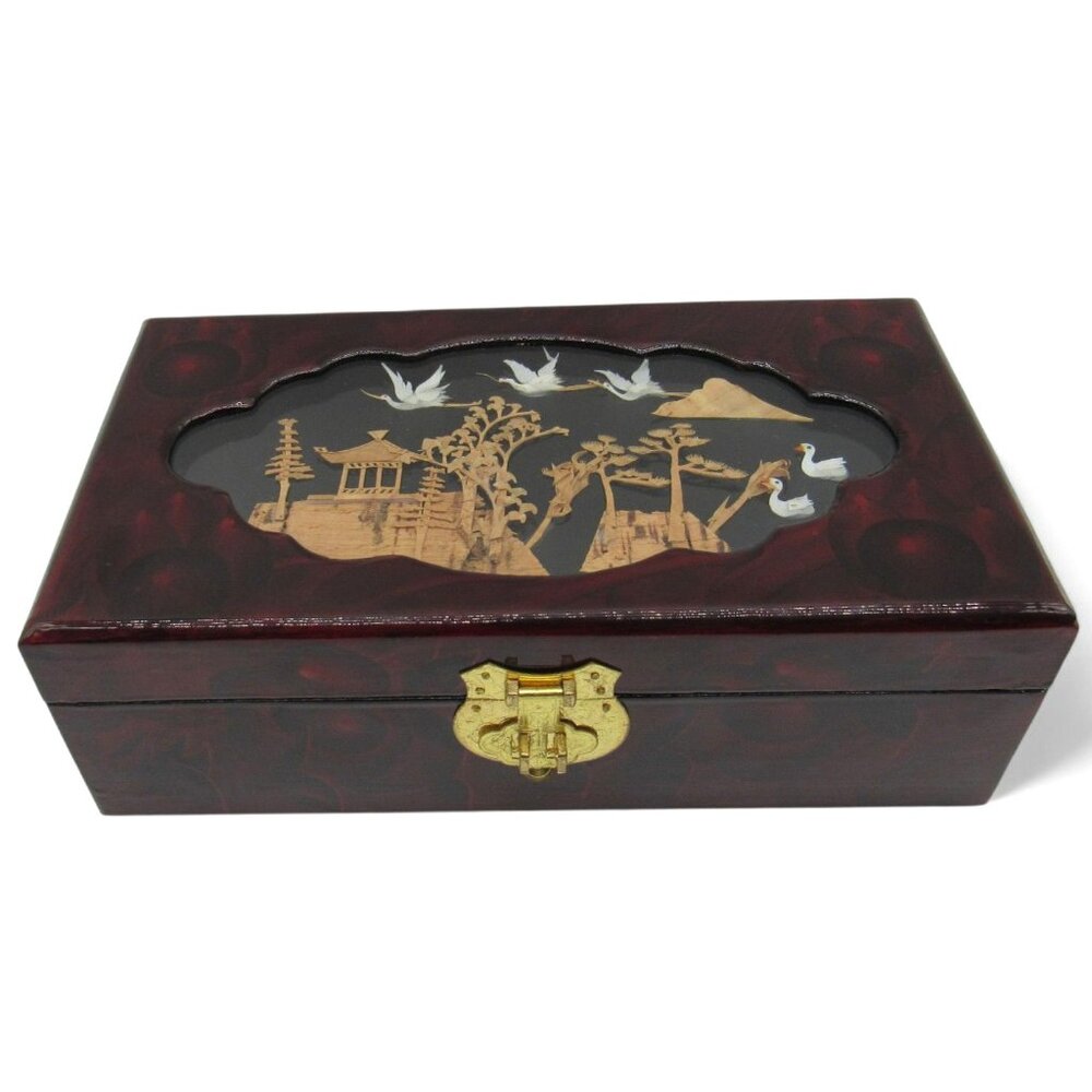 Asian Wooden JEWELRY BOX with 3D Cork Pagoda and Crane Birds Lacquered 9 Inches